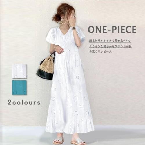 2020 New Temperament V-neck Single-breasted Slim Long Dress For Women Japanese Style White Hollow Sleeve Short Maxi Dresses