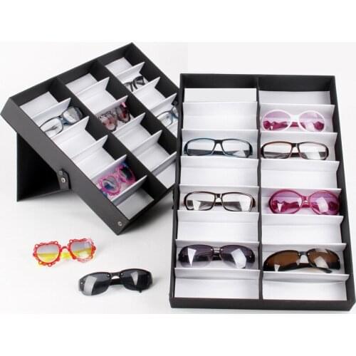 Luxury 18 Grid Sunglasses Eyewear Jewelry Watch Display Case Glasses Storage Container Holder Organizer Display Box Black Color