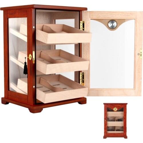 High capacity Three-layer Cigar Box Wood Piano Paint Glass Display Small Cabinet Humidifier Humidor With Lock Father gifts