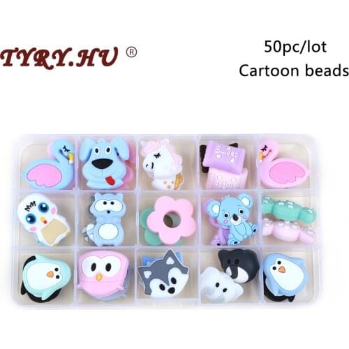 TYRY.HU 50pc/lot Cartoon Silicone Beads Unicorn Elephant Fox Penguin Dog Food Grade Baby Teether DIY Baby Teething Toys BPA free
