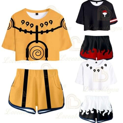 Japanese Cosplay Costume T Shirt Tees Shorts Suits Haruno Sakura Sport Crop Tops Shorts Summer Clothes