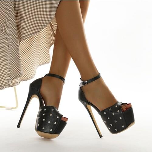 Sexy Women Rivet Pumps Peep Toe Platform 16 cm High Heeled Shoes Womens Party Nightclub Strippers Shoes Fetishism Footwear Size