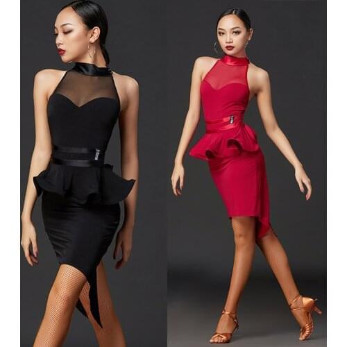 Female Latin Dance Dress Sexy Lotus Leaf Split Sleeveless Practice Clothes Woman Ballroom Charleston Dresses Dancewear DWY4011