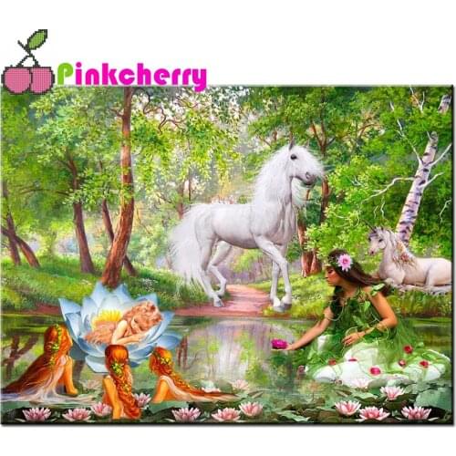 Full Square Round Diamond Painting White Horses Diamond Embroidery Cross Stitch Kit Fairy Mosaic Picture of Rhinestone k1231