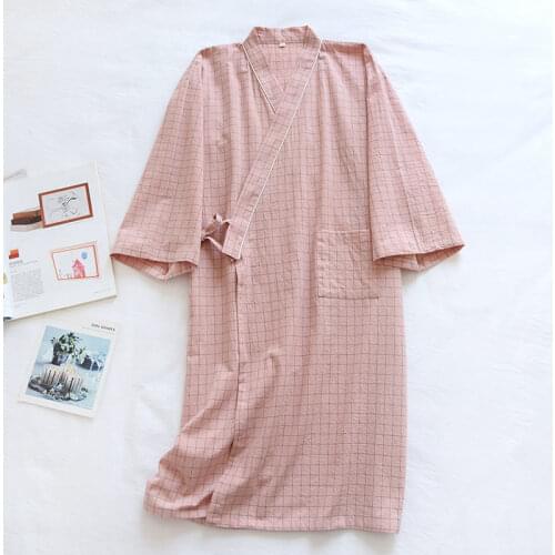 Geskeey Japanese-Style Kimono Pure Cotton Lattice Crepe Lady Thin Nightgown Bathrobe Robe Home Service Pajamas Furnishing Wear