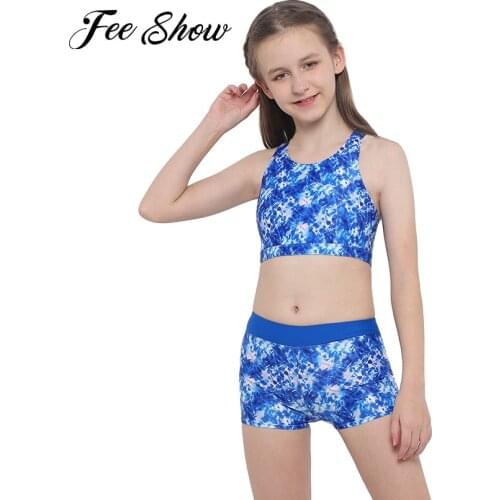Summer Kids Two Pieces Swimsuit Girls Bathing Suit Beach Swimwear Sleeveless Crisscross Back Printed Top with Boyshorts Bottoms