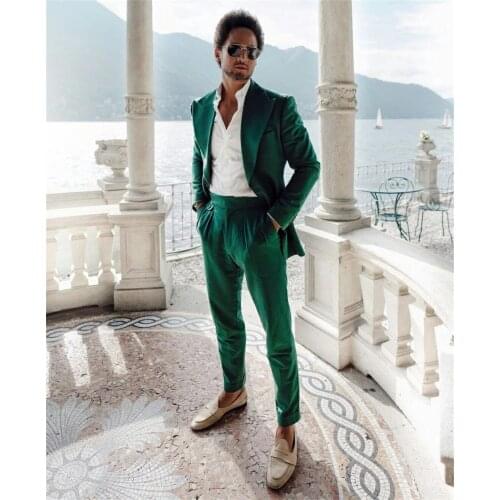 Summer Beach Green Men Suits Costume Homme Marrige Slim Fit Prom Wedding Groom Terno Masculino Blazer 2 Pcs (Jacket+Pants)