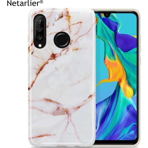 Netarlier Fashion phone case for huawei p30 lite p30pro fitted case white and yellow marble glossy protective thick IMD material