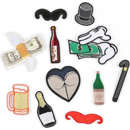 New Novelty Fabric US Dollar Money Wine Beard Clothing Decoration Appliques Diy Iron on Patches for Jacket Jeans Cap