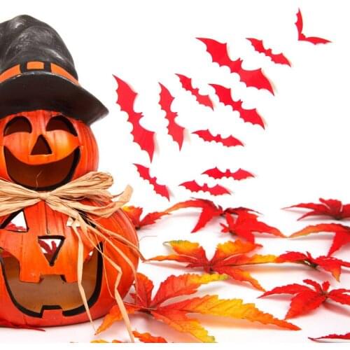 New 12Pcs/set Halloween Decoration 3D Black Red PVC Bat DIY Decor Wall Sticker Halloween Party Bar Decals Scary Halloween Party