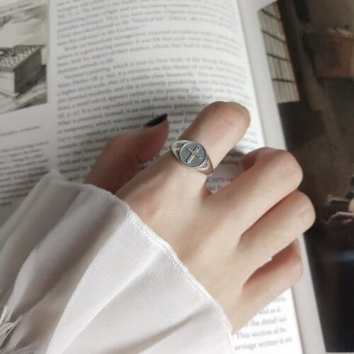 Authentic S925 Sterling Silver Fine Jewelry retro Cross Religion Band Wider Open rings adjust J416