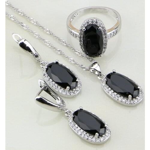 Oval Shaped Black Cubic Zirconia White CZ 925 Sterling Silver Bridal Jewelry Sets For Women Party Earrings/Pendant/Necklace/Ring