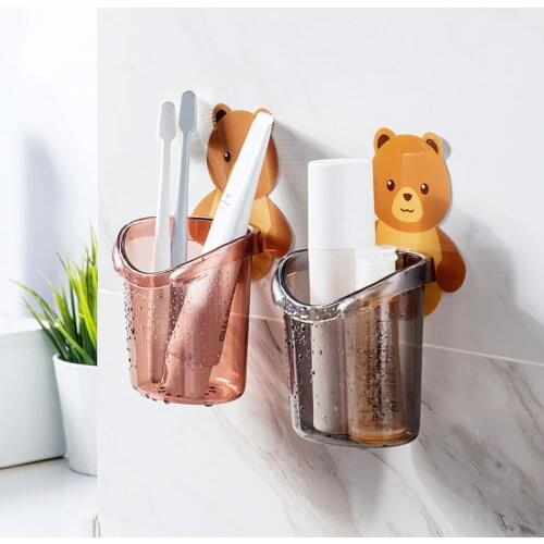 Punch-free Self-adhesive Creative Cup Holder Wall-mounted Bear Toothbrush Cup Holder Cartoon Mouthwash Cup Holder Wash Cup
