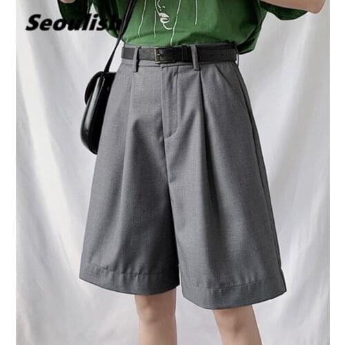 Seoulish 2021 New Summer Casual Cargo Women Half Pants with Belted High Waist Chic Wide Leg Pants Elegant Loose Trousers Pocket
