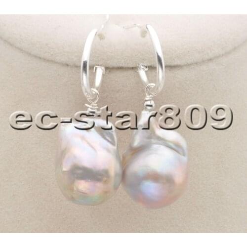 P6519 21mm Gray BAROQUE KESHI Reborn Pearl Dangle Earring Sterling silver
