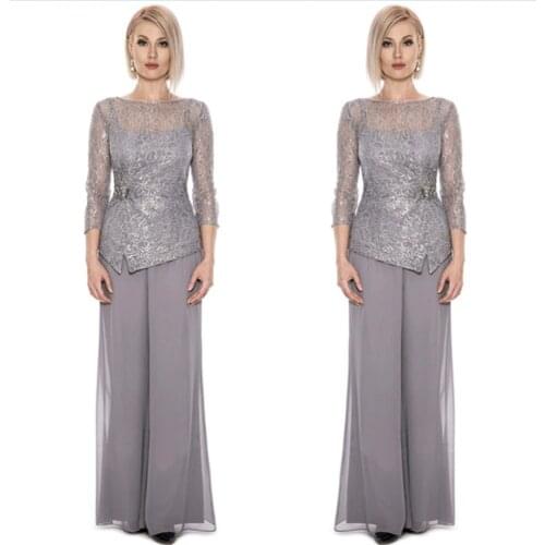 Long Sleeves Chiffon Mother of the Bride Suits Lace Applique Ruched Beaded Pants Floor Length Formal Party Mother Dresses