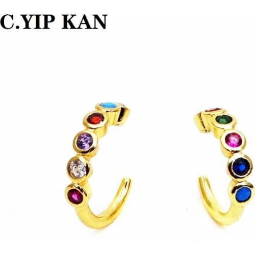 C.YIP KANFashion U-shaped gold-plated ear clip copper micro inlay color zircon round point non hole earring ear bone clip