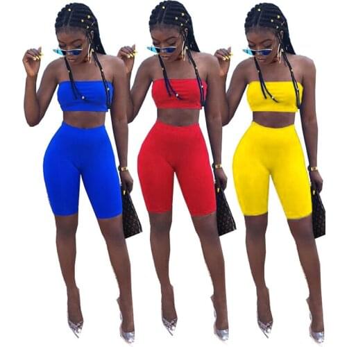 Womens Fashion Sexy Solid Color Chest Wrap Shorts Skinny Club Bodycon Two Piece Set ZL1074