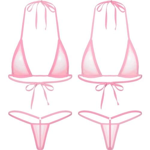 Womens Adult Lingerie Exotic Sets See-through Two-Piece Triangle Bikini Hollow Out Lace-up Bra Tops with T-back Briefs Panties