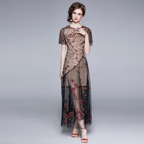 2021 Summer Fashion Love Embroidery Mesh Dress Women Short Sleeve Vintage Elegant Party Robe A-Line Long Dress