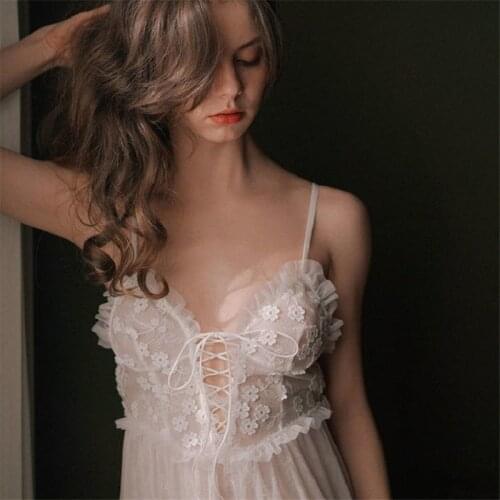 White Fairy Wedding Strap Nightdress Women Sexy Lingerie Lace Embroidered Beauty Back Temptation Nightwear with Panty Dropship
