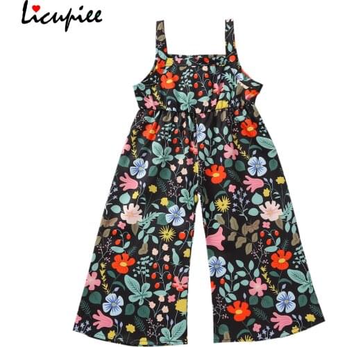 1-4 Years Childrens Floral Jumpsuit, Sleeveless Low Cut Elastic Waist Long Loose Pants Bodysuit for Summer