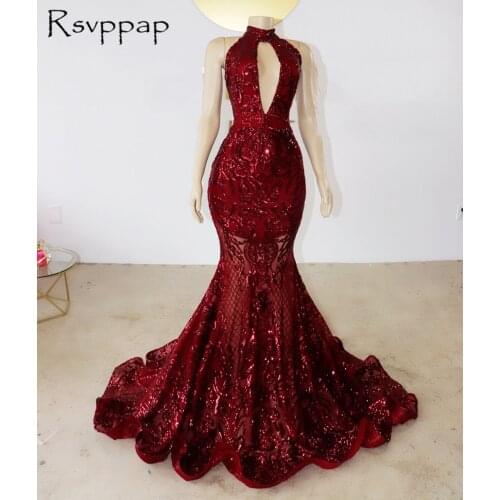 Designed Cut-Out Front High Neck Sparkly Sequin Burgundy Mermaid African black Girl Long Elegant Prom Dresses 2021