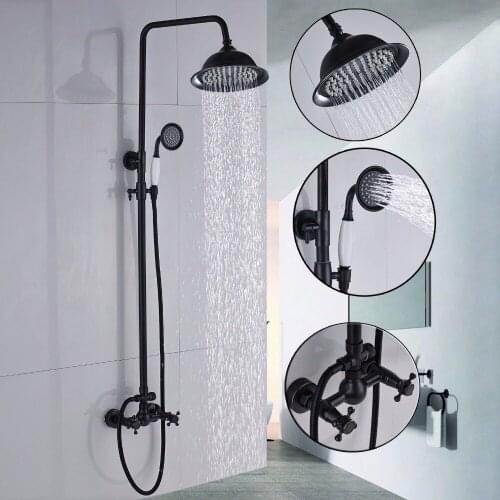 Bathroom Rainfall Shower Faucet Set Double Handles Mixer Tap With Hand Sprayer Wall Mounted Oil Rubbed Bronze KD214