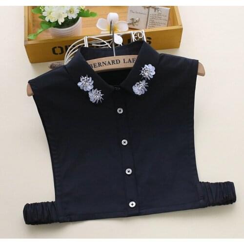 Elegant Women Lace Flower Sweater Shirt Cotton Chiffon Fake Collar Detachable False Collar Embroidery Eye Rhinestone Blouse Tops