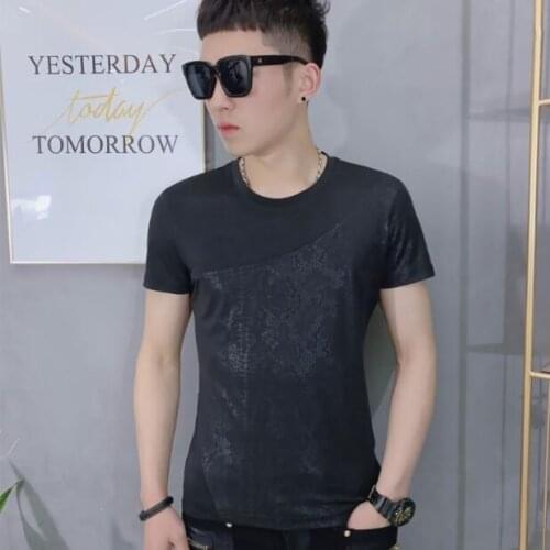 Summer new men round neck Hip Hop leather T-shirt tide male short-sleeved shirts skinny Fashion personality stitching T Shirt