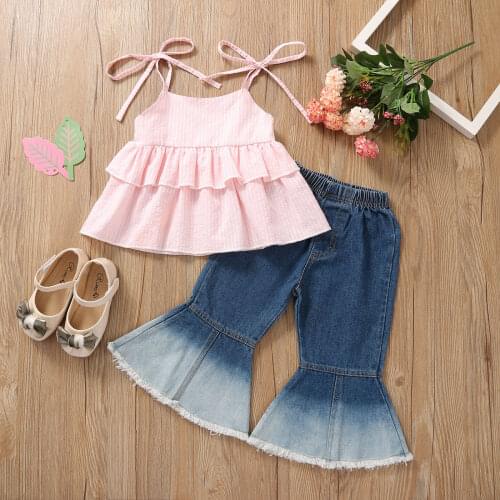 2-6Years Summer Kids Girls Clothes Sets 2pcs Solid Strap Sleeveless Belt Vest Tops Blue Denim Flare Pants