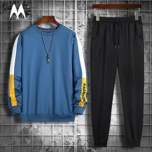2021 New Harajuku Long Sleeved Set Mens Casual Sportswear Patchwork Sweatshirt + Sweatpants 2 Piece Sets Jogging Tracksuit Men