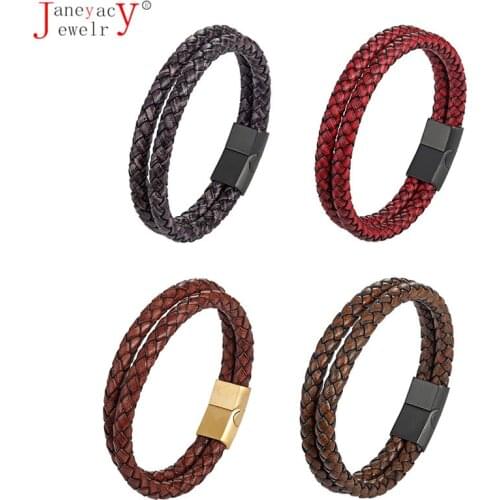 Fashion Vintage weaving Jewelry Men Multilayer Bracelet Women Genuine Leather Stainless Steel Magnetic Buckle Bangles Pulseira