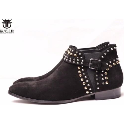 FR.LANCELOT mens high top casual leather buckle pointed toe man boots Personality hair stylist beading stud chelsea boots