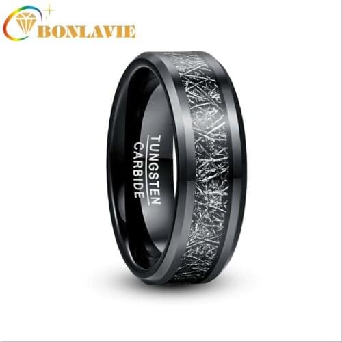 BONLAVIE 8mm Width Tungsten Carbide Men Ring Electroplated Black Inlaid Black Imitation Vermiculite Tungsten Steel Ring Jewelry