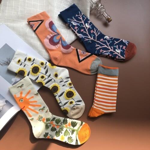 Vintage Sunflower Funny Plant Socks Women Japanese Harajuku Creative Art Socks High Quality Cotton Jacquard Socks Sox Calcetines