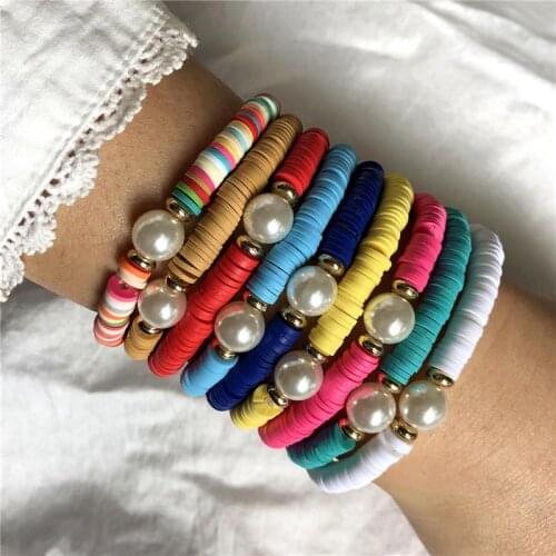 2021 New Boho Bracelet Women Handmade Polymer Clay Imitation Pearl Bracelets Jewelry 10 Colors Choice