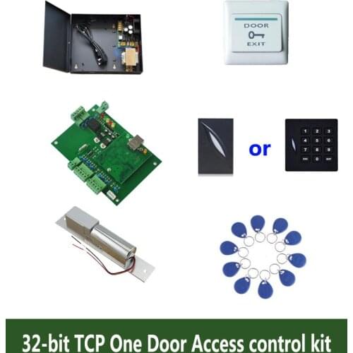 RFID 32-bit access control kit,TCP/ip one door access control+powercase+bolt lock +ID reader+exit button+10 ID tags,sn:kit-T02