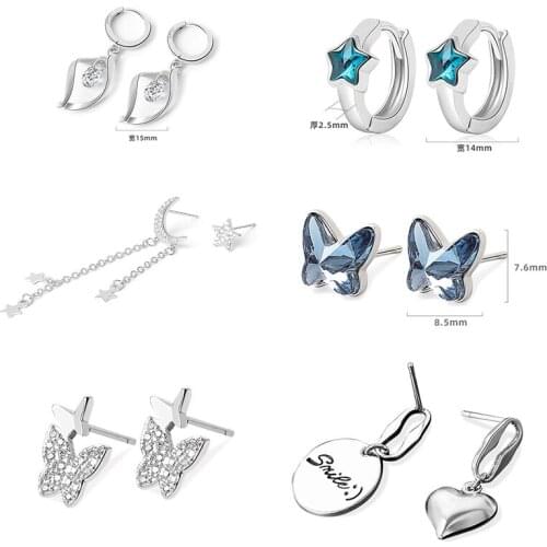 Simple Silver Color Moon Star Butterfly Huggie Earrings for Women CZ Circle Geometry Piercing Stud Earrings Fashion Jewelry