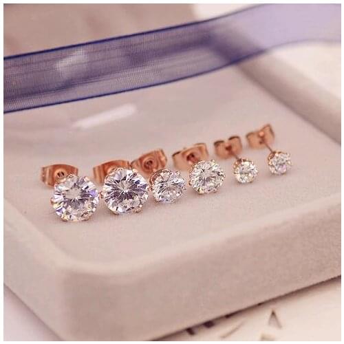 Martick Classic Style Cubic Stud Earrings Woman Simple Single Shining Crystal Rose Gold Stud Earrings High Polished Bijoux E135