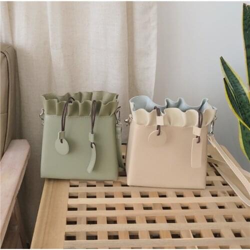 Women New Small Frills Wrinkled Drawstring PU Leather Personality All-match Crossbody Shoulder Bag Fashion Tide Bucket Bag 2021