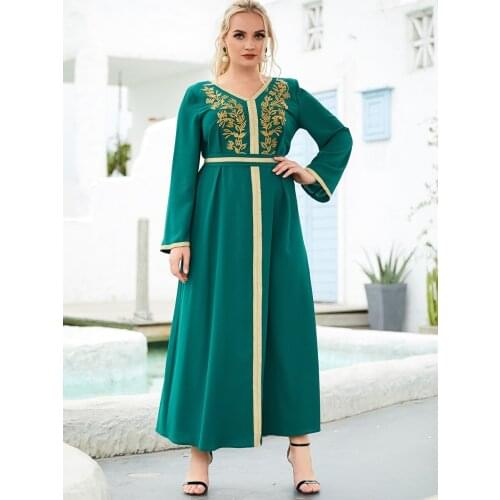 Gold Embroidery Loose Abaya Plus Size Curve Women Muslim Fashion Dubai Saudi Arabic Ethnic Jelleba Morocco Kaftan Party Banquet