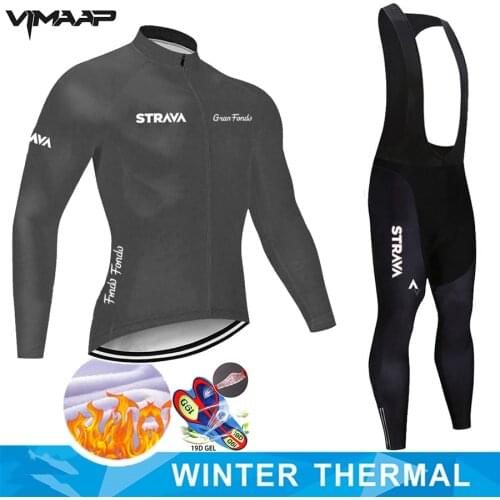 STRAVA Cycling Jerseys Set Thermal Fleece Long Sleeve Coat Jacket Cycling Clothing 19D Gel Padded Bib Pants Winter Cycling Suit