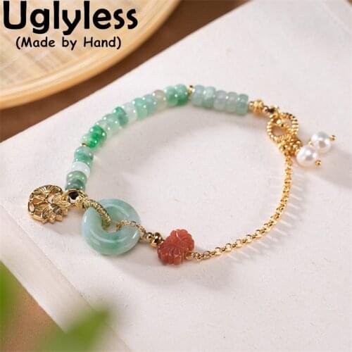 Uglyless Beading Mutli Gemstones Bracelets for Women Asymmetric Natural Jadeite Bracelets Real 925 Silver Lotus Charms Jewelry