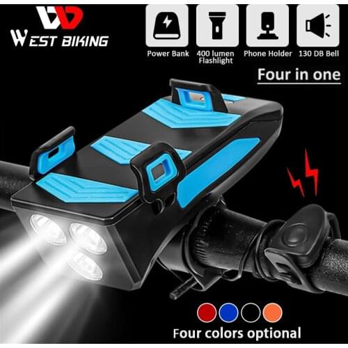 WEST BIKING 4 In 1 Bike Lamp Front Horn Light Phone Holder Alarm Bell Power Bank MTB Cycling LED Flashlight Bike Accessories