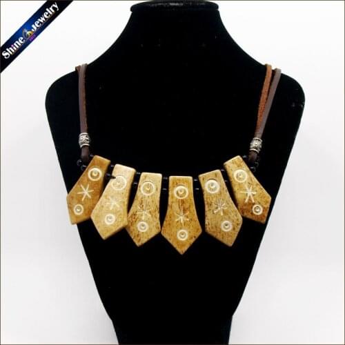 Vintage Tribal Jewelry Natural Yak Bone Carving Totem Leather Rope Chain Choker Chunky Statement Bib Necklace For Women Men NG05
