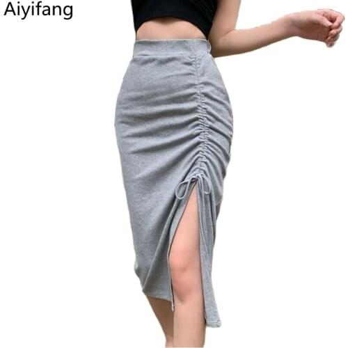 European Style Drawstring Folds Slim Package Hip Bodycon Pencil Skirt Womens Summer Irregular Elastic Waist Asymmetrical Skirts