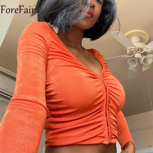 Forefair Summer V Neck Y2k Top Crop Blue 2021 Casual Autumn Ruched Long Sleeve Green Tee Fashion Vintage Women Sexy T Shirt