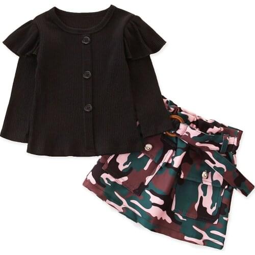 1-6Y Toddler Baby Girls Spring Autumn Clothes Ruffles Long Sleeve Knitted Button T-shirts Tops+Belt Camouflage A-line Skirts