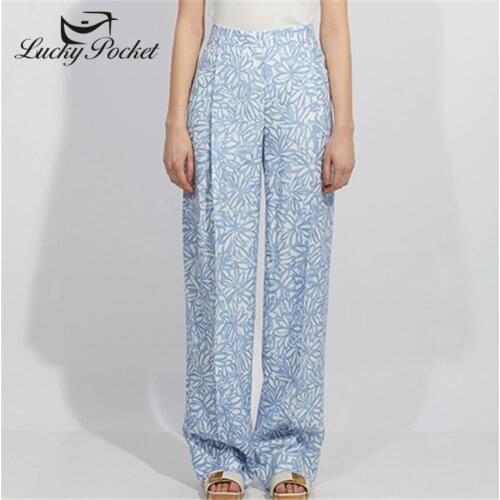 Women Spring Summer New Blue Cotton Print Wide Leg Long Pants Ladies Brand Fasion Pants Female Plus Size Casual Trousers ZM106